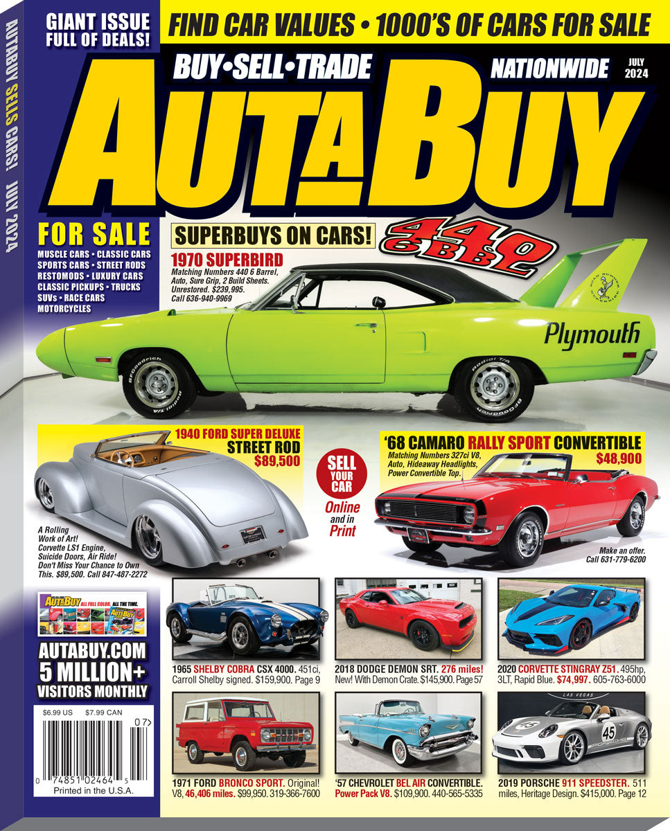AutaBuy Magazine cover featuring classic cars and automotive articles, showcasing vibrant graphics and engaging layout.