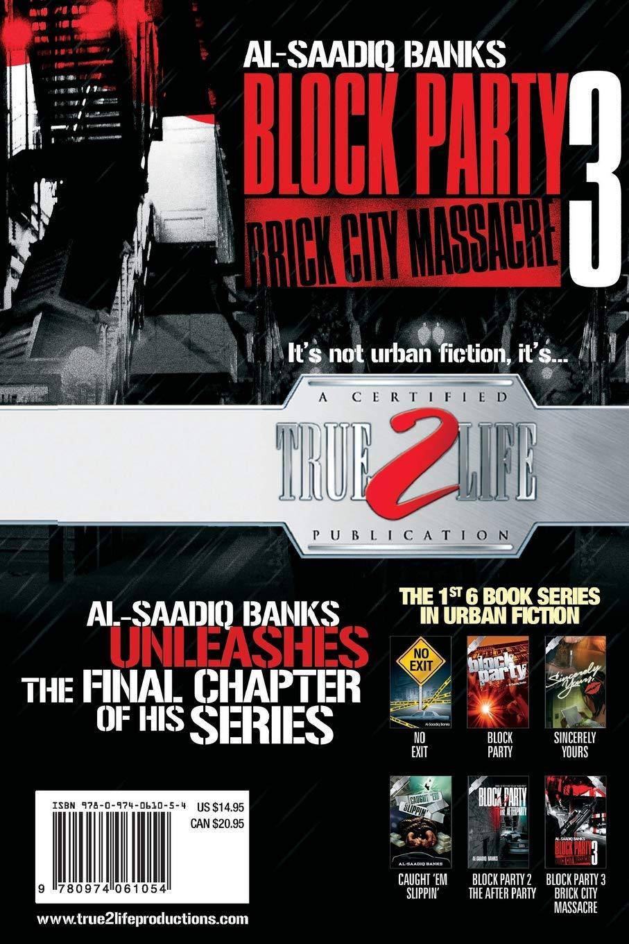 Paperback of "Block Party 3: Brick City Massacre" by Banks, Al-Saadiq, featuring a cover with urban cityscape and bold typography.