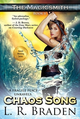 Paperback copy of "Chaos Song" by Bell Bridge Books featuring the book cover with abstract artwork and title text.