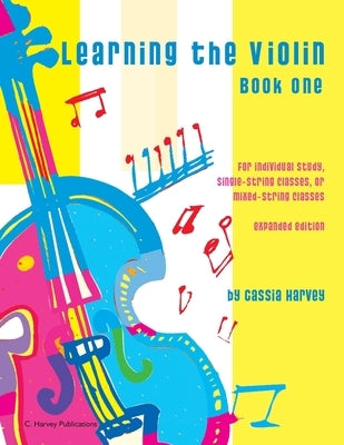 Paperback book titled "Learning the Violin, Book One" by C. Harvey Publications, featuring a cover with musical notes.