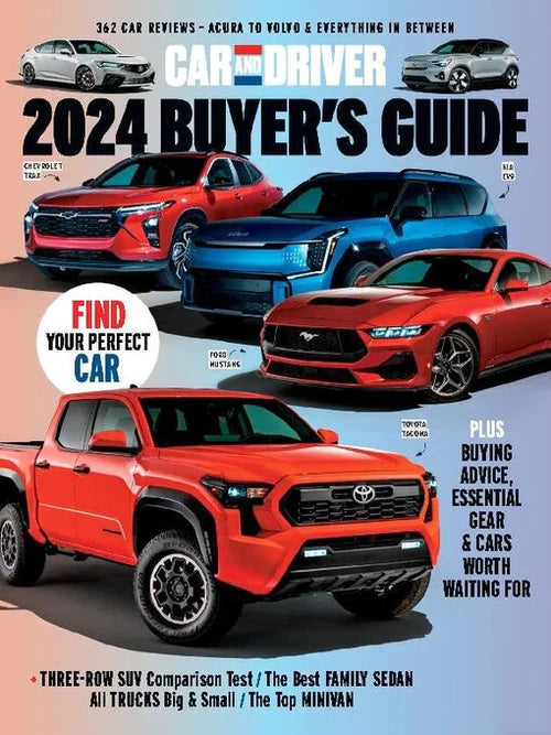 Car & Driver Magazine cover featuring cars, automotive articles, and vibrant graphics showcasing the latest automotive trends.