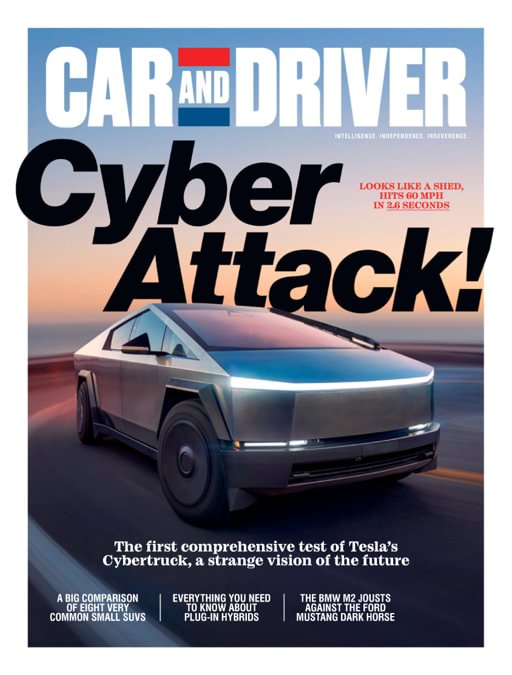 Car & Driver Magazine cover featuring automotive reviews and articles with dynamic car imagery and bold typography.