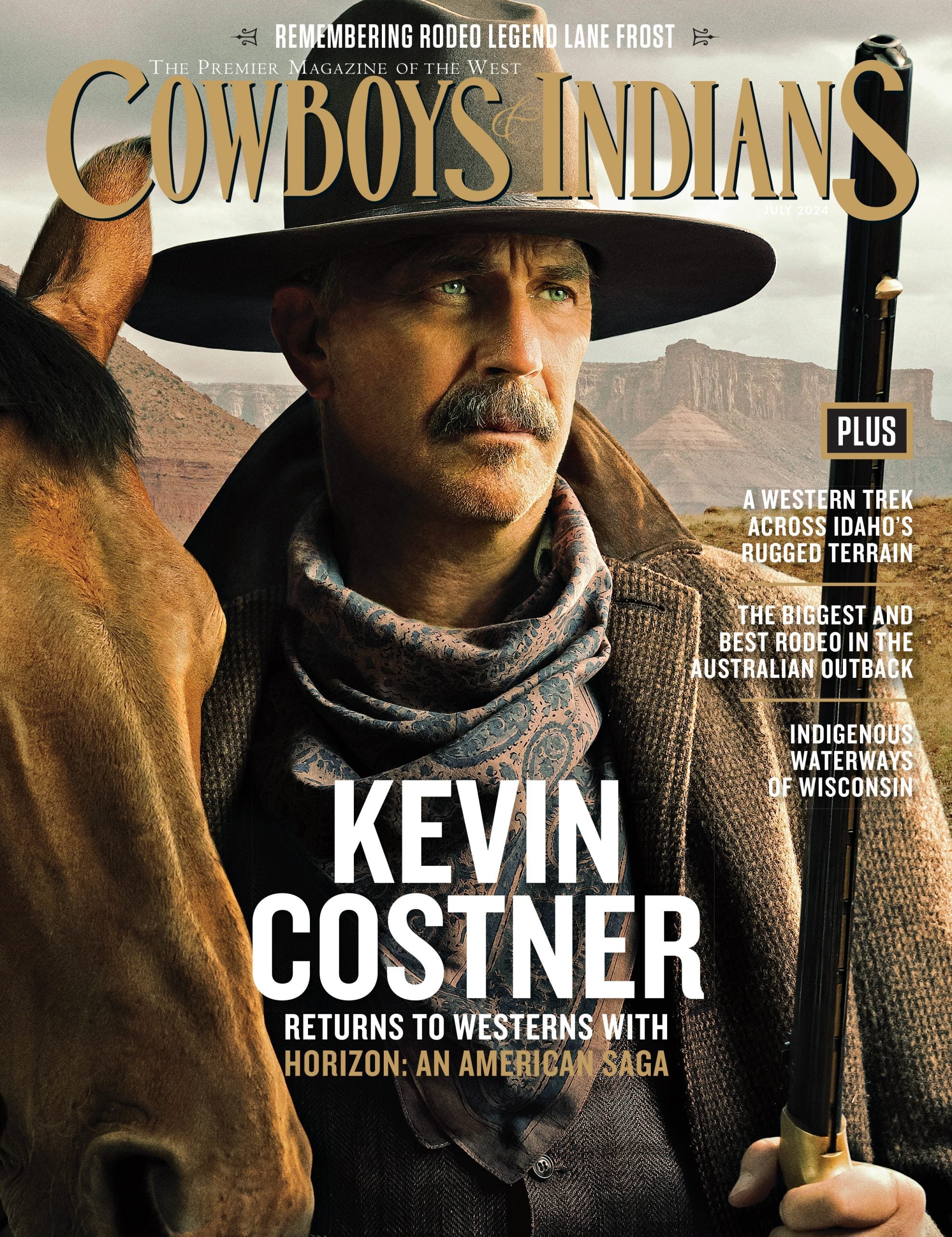 Cover of Cowboys & Indians magazine featuring Kevin Costner with Western-themed design and bold typography.
