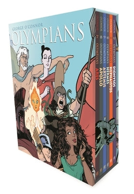 Paperback Olympians boxed set books 7-12 featuring Ares, Apollo, Artemis, Hermes, Hephaistos, and Dionysos by First Second.