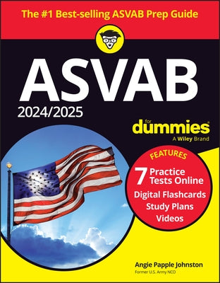 Paperback book titled "2024/2025 ASVAB for Dummies" with practice tests, flashcards, and online videos for exam prep.