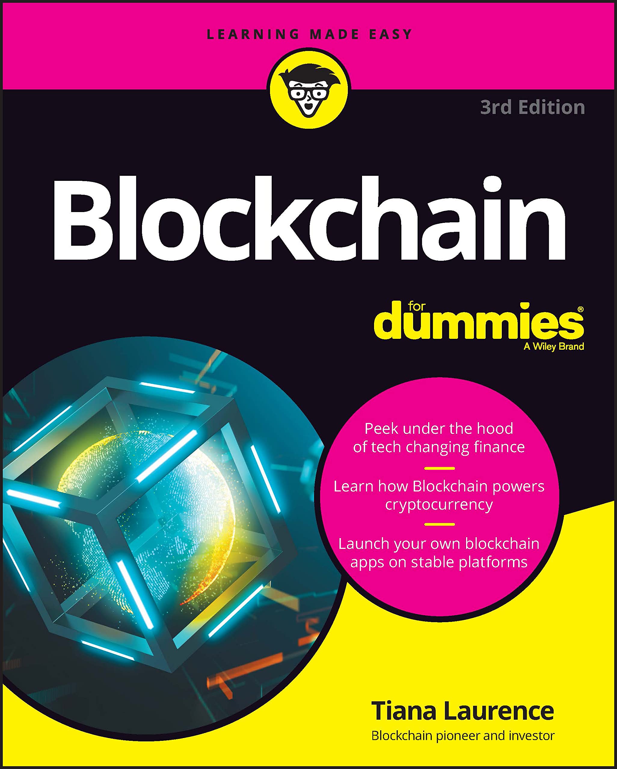Paperback book titled "Blockchain For Dummies" by For Dummies, with a cover design featuring blockchain graphics.