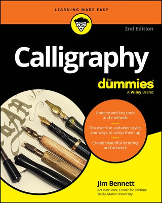 Paperback book titled "Calligraphy for Dummies" by For Dummies, featuring a cover with calligraphy designs.