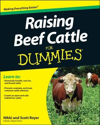 Paperback book titled "Raising Beef Cattle for Dummies" by For Dummies, showing the cover with title and author.