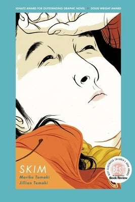 Paperback copy of "Skim" by Groundwood Books, featuring the book cover with bold title and artwork on the front.