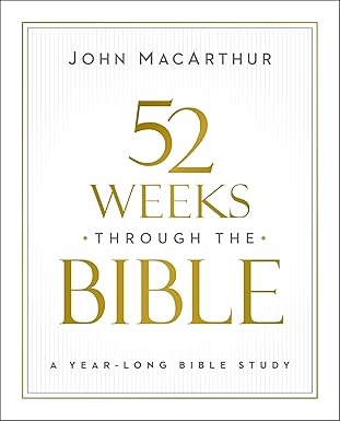 Cover of the 52 Weeks Through the Bible religious study book by HarperChristian Resources, featuring biblical themes and a Bible illustration.