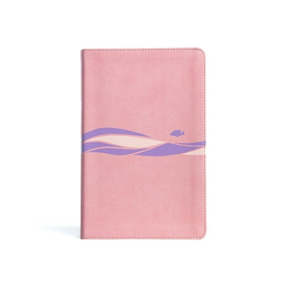 Holman Bibles CSB Easy-For-Me Bible for Early Readers in coral pink Leathertouch, open to colorful illustrated pages.