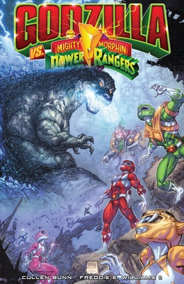 Paperback comic book titled "Godzilla vs. the Mighty Morphin Power Rangers" by IDW Publishing, featuring Godzilla and Power Rangers on the cover.