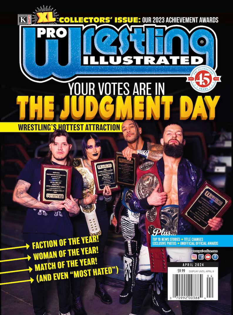 Pro Wrestling Illustrated Magazine cover featuring wrestlers in action with bold headlines and vibrant colors.