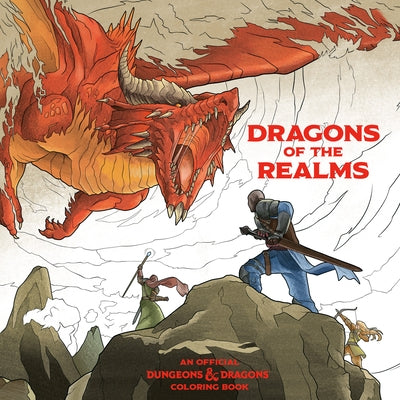 Coloring book cover for Dragons of the Realms, an official Dungeons & Dragons paperback coloring book by Ten Speed Press.