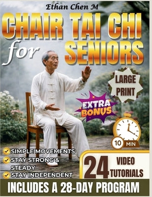 Paperback Tai Chi for Seniors book showing illustrated pages with simple exercises to improve strength, balance, and independence.