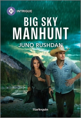 Mass market paperbound of Big Sky Manhunt by Harlequin Intrigue, featuring a suspenseful cover with a rugged landscape and mysterious figures.
