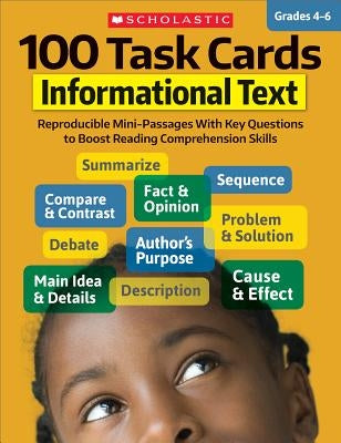 Scholastic Teaching Resources paperback set of 100 task cards with mini-passages and questions to improve reading comprehension skills.