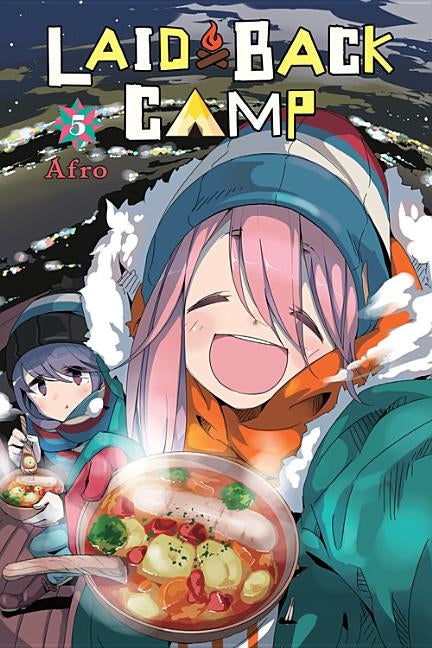 Paperback of Laid-Back Camp, Vol. 5 manga by Yen Press featuring cover art with camping scenes and characters.