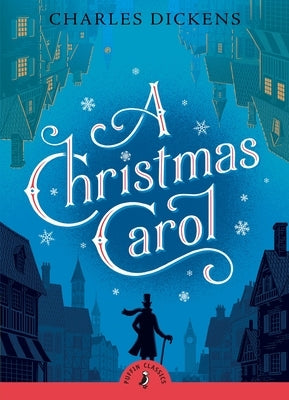 Paperback copy of A Christmas Carol by Puffin Books, featuring a colorful cover with festive holiday illustrations.