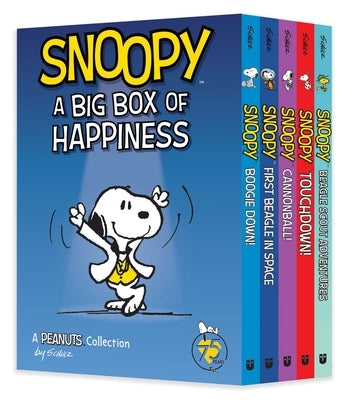 Paperback of "Snoopy: A Big Box of Happiness" by Andrews McMeel Publishing, featuring Snoopy cartoon illustrations on the cover.
