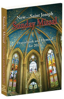Catholic Book Publishing St. Joseph Sunday Missal Prayerbook and Hymnal in paperback for 2025, with religious text and prayer pages visible.