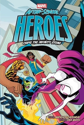 Paperback book titled "Chase the Infinity Stone" by Simon Spotlight featuring a colorful cover with cosmic and superhero themes.