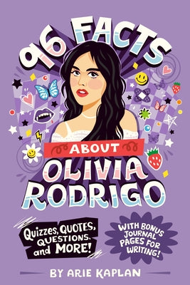 Paperback book titled "96 Facts About Olivia Rodrigo" with quiz questions, quotes, and bonus journal pages, by Tinker Penguin Workshop.