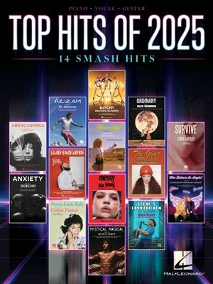 Paperback music book titled "Top Hits of 2025" with sheet music and lyrics for piano, voice, and guitar by Hal Leonard Publishing.