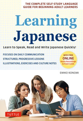 Paperback book titled "Learning Japanese" by Tuttle Publishing, featuring Japanese language learning content with audio recordings and flash cards.