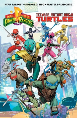Paperback comic book featuring Mighty Morphin Power Rangers and Teenage Mutant Ninja Turtles by Boom! Studios with colorful cover art.