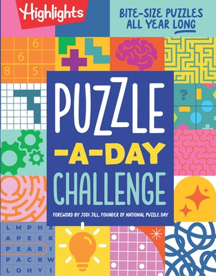 Highlights Press Puzzle-A-Day Challenge paperback book featuring colorful bite-size puzzles for kids, with 365 puzzles for daily fun.