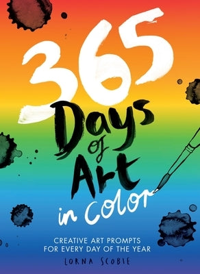 Open paperback of 365 Days of Art in Color by Quadrille Publishing showing colorful creative art prompts on illustrated pages.