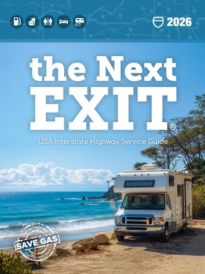 Paperback USA Interstate Highway Service Guide by Next Exit Inc, showing a colorful cover with interstate maps and highway service details