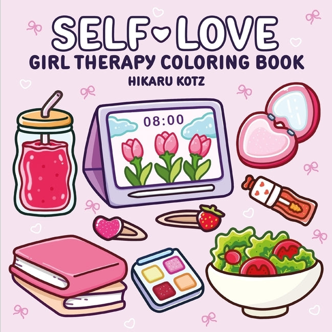 Open paperback of Harperpop Self-Love Girl Therapy Coloring Book with intricate line art for relaxation and self-care.