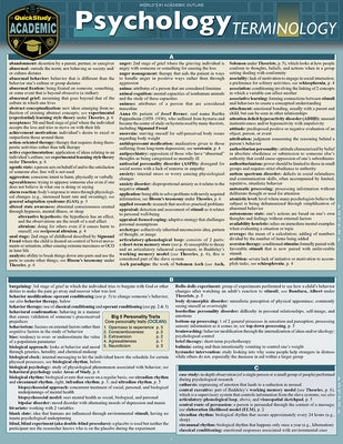Psychology terminology laminated reference guide by Quickstudy, showing key psychological terms and definitions on a compact paperback.