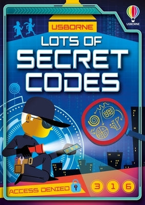 Open Usborne Books "Lots of Secret Codes" paperback showing colorful pages with secret code puzzles and cipher activities.