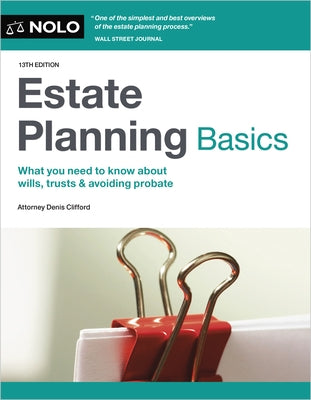 Paperback estate planning book titled "Estate Planning Basics" by NOLO, showing the cover with legal documents and a pen.