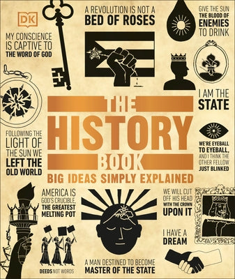 Paperback history book titled "The History Book" by DK Publishing, featuring a colorful cover with historical illustrations.