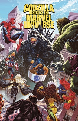 Paperback Marvel Universe comic book titled "Godzilla Destroys the Marvel Universe" featuring Godzilla on the cover.