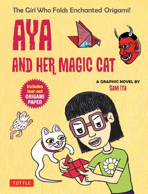 Paperback graphic novel titled "Aya and Her Magic Cat" by Tuttle Publishing, featuring colorful illustrated scenes of a girl with her enchanted cat.