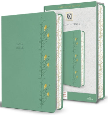 Large print green KJV Holy Bible by Origin with birds faux leather cover, red letter text, ribbon marker, and medium format.