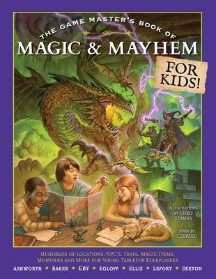 Paperback of The Game Master's Book of Magic & Mayhem for Kids by Media Lab Books, featuring colorful illustrations of fantasy locations and monsters.