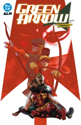 Green Arrow Vol. 5 Crimson Sands paperback comic book by DC Comics featuring Green Arrow in a desert landscape illustration.