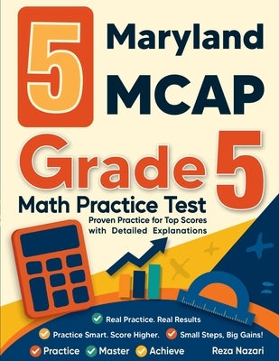 Paperback Maryland MCAP Grade 5 Math Practice Tests by Effortless Math Education, showing sample pages with math problems and explanations.