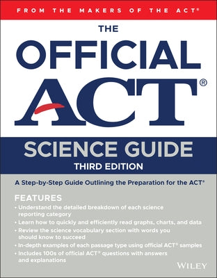 Wiley Official ACT Science Guide paperback with cover showing sample pages and educational content for exam preparation