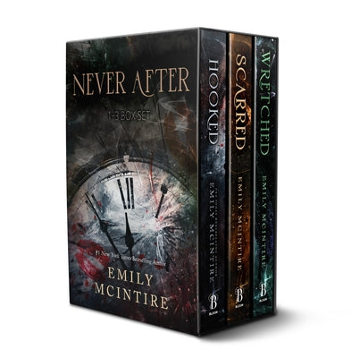 Set of three paperback books from the Never After Series Boxed Set by Bloom Books, featuring Hooked, Scarred, and Wretched.