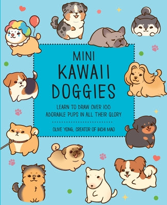 Paperback book titled "Mini Kawaii Doggies" by Rock Point featuring colorful illustrations of over 100 adorable cartoon puppies.
