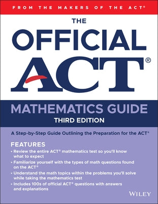 Paperback of The Official ACT Mathematics Guide by Wiley, featuring sample pages and mathematical content for test prep
