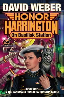 Paperback copy of "On Basilisk Station" by Baen featuring cover art with a spaceship and science fiction scene.
