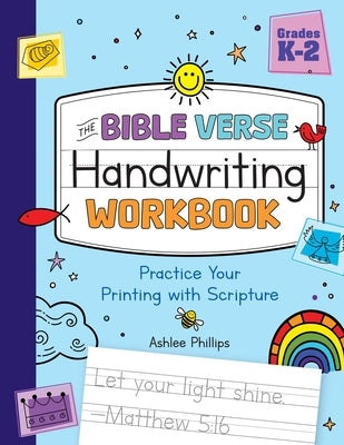 Paperback handwriting workbook by BlueStone Books featuring Bible verses for kindergarten to second grade practice.